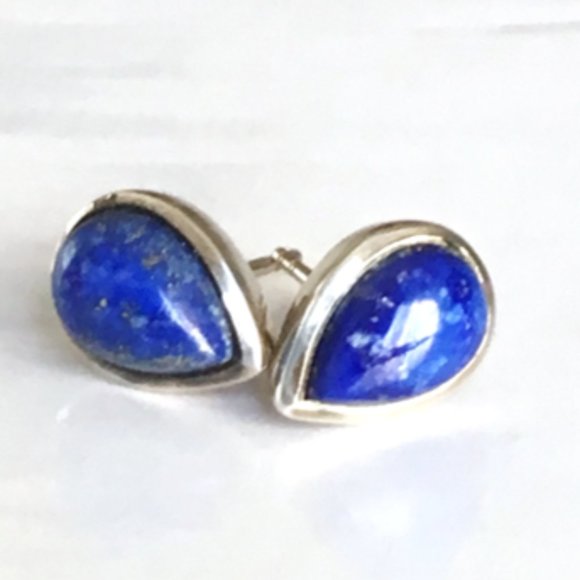 Genuine Lapis Lazuli .925 Stud Earrings Teardrop Pear-Shaped Sterling Silver - Picture 4 of 16